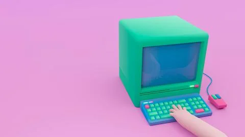 3d render, 3d illustration. Computer with keyboard, mouse and hand. Illustrazione stock