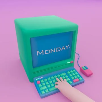 3d render, 3d illustration. Computer with keyboard, mouse and hand on keys. Illustrazione stock