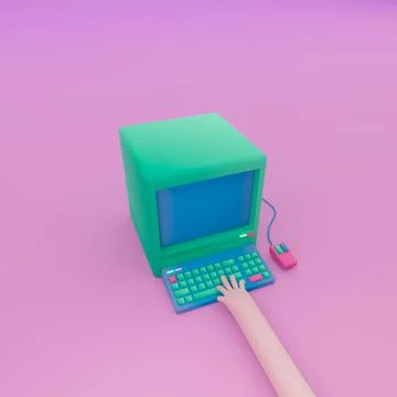 3d render, 3d illustration. Computer with keyboard, mouse and hand on keys. Фото