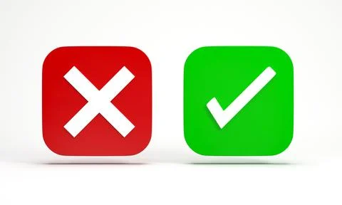 3d render 3d illustration. Green tick check mark and cross mark symbols in .. Stock Illustration