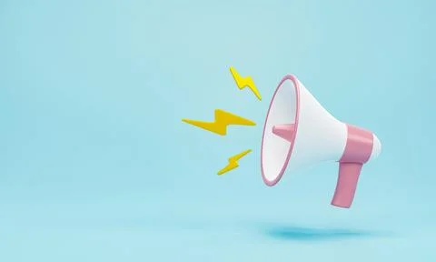3d render 3d illustration. Megaphone, loudspeaker with lightning on blue ba.. Stock Illustration