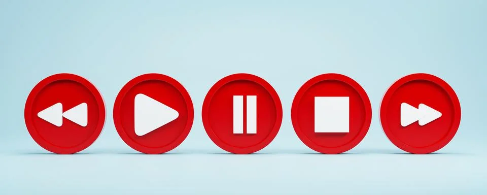 3d render 3d illustration. set of media player button icons on blue backgroun Stock Illustration