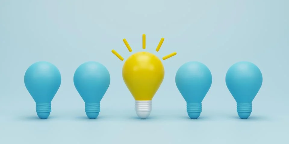 3d render 3d illustration. Yellow light bulb between the bulbs others on bl.. Stock Illustration
