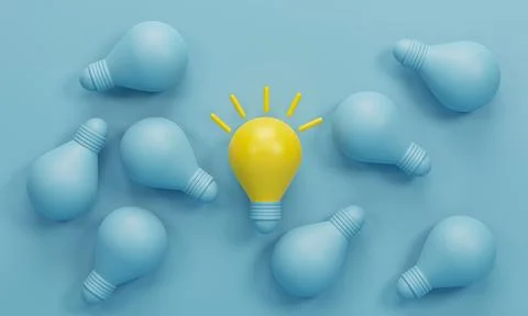3d render 3d illustration. Yellow light bulb between the bulbs others on bl.. Stock Illustration