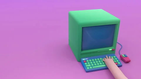 3d render, 3d motion. Computer with keyboard, mouse and hand on keys. Stock Footage 160327476
