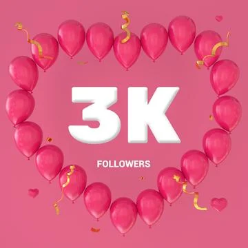 3D render of "3K Followers" text on a pink background with a large heart-shap Stock Illustration