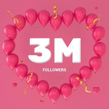 3D render of "3M Followers" text on a pink background with a large heart-shap Stock Illustration