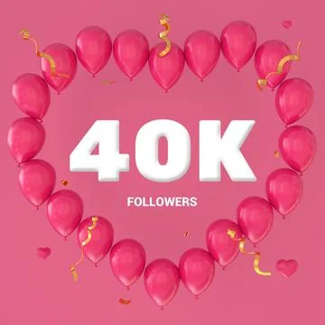 3D render of "40K Followers" text on a pink background with a large heart-sha Stock Illustration