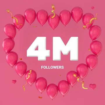 3D render of "4M Followers" text on a pink background with a large heart-shap Stock Illustration