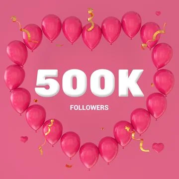 3D render of "500K Followers" text on a pink background with a large heart-sh Stock Illustration