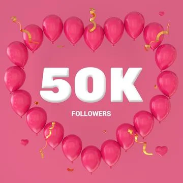 3D render of "50K Followers" text on a pink background with a large heart-sha Stock Illustration
