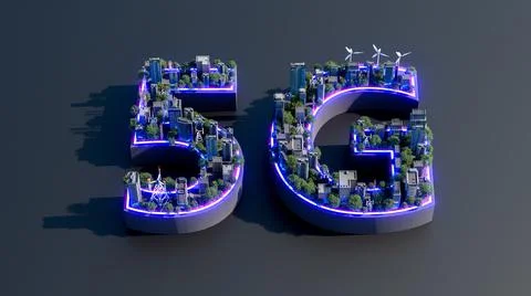 3D render of 5G with commercial building and green landscape in blue purple l Illustrazione stock