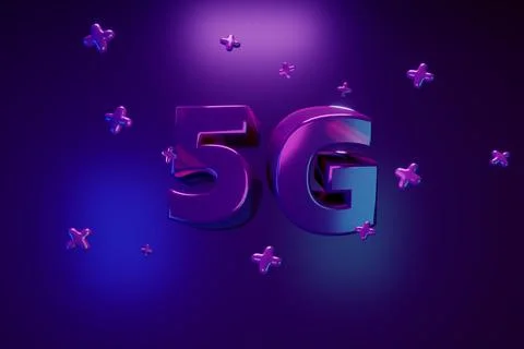 3d render. 5G high speed internet. Volumetric letters on a purple background Stock Illustration