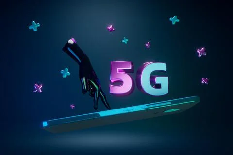 3d render. 5G internet. Cyberspace. The hand is on the phone like on a surf Stock Illustration