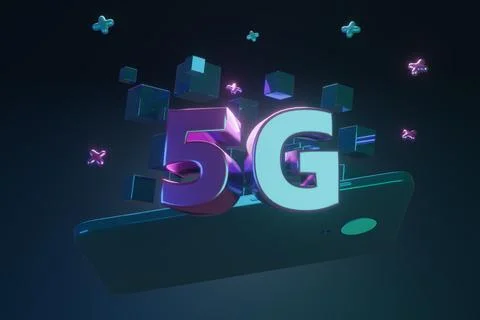 3d render. 5G internet. Letters with phone in space Stock Illustration