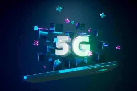 3d render. 5G internet. Volume Letters with phone and blockchain in space Stock Illustration