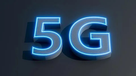 3D render of 5G signs in blue light. 5G network connection, High-speed mobile Illustrazione stock