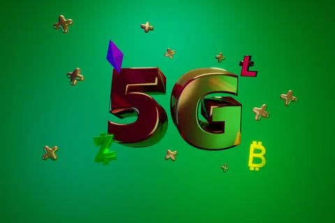 3d render. 5G Volume letters with symbols of cryptocurrency. high speed int.. Stock Illustration