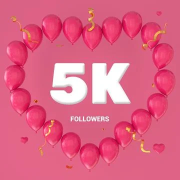 3D render of "5K Followers" text on a pink background with a large heart-shap Stock Illustration