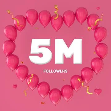 3D render of "5M Followers" text on a pink background with a large heart-shap Stock Illustration