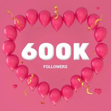 3D render of "600K Followers" text on a pink background with a large heart-sh Stock Illustration