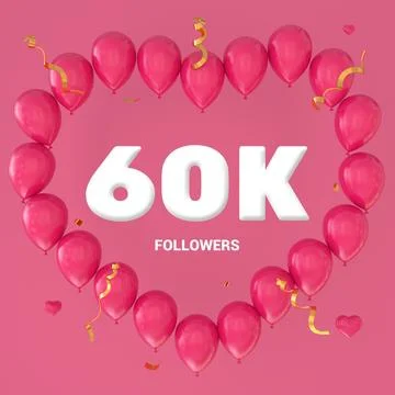 3D render of "60K Followers" text on a pink background with a large heart-sha Stock Illustration