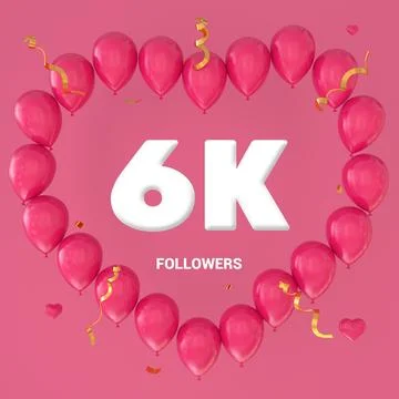 3D render of "6K Followers" text on a pink background with a large heart-shap Stock Illustration