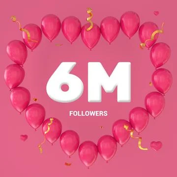 3D render of "6M Followers" text on a pink background with a large heart-shap Stock Illustration