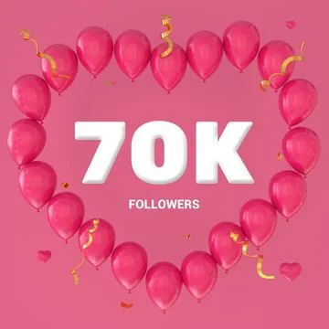 3D render of "70K Followers" text on a pink background with a large heart-sha Stock Illustration