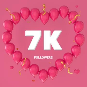 3D render of "7K Followers" text on a pink background with a large heart-shap Stock Illustration