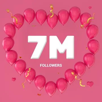 3D render of "7M Followers" text on a pink background with a large heart-shap Stock Illustration