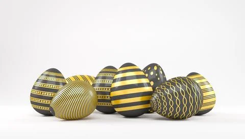 3d render of 8 black and gold easter eggs on white background. Stock Illustration