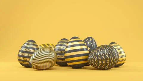 3d render of 8 black and gold easter eggs on yellow background. Stock Illustration