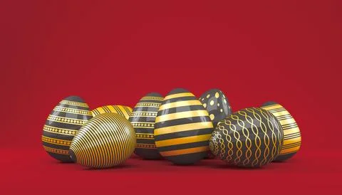 3d render of 8 black and gold easter eggs on red background. Illustrazione stock