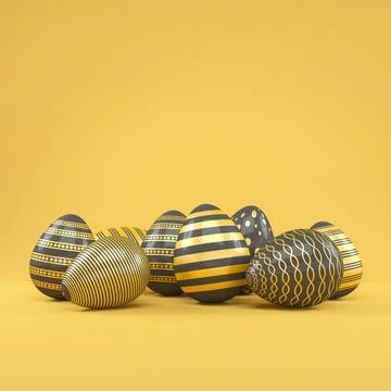 3d render of 8 black and gold easter eggs on yellow background. Stock Illustration