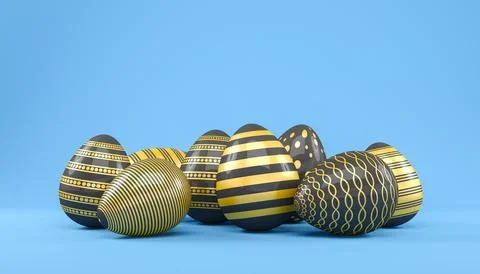 3d render of 8 black and gold easter eggs on blue background. Stock Illustration