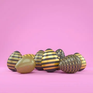 3d render of 8 black and gold easter eggs on pink background. Stock Illustration