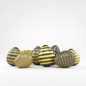 3d render of 8 black and gold easter eggs on white background. Illustrazione stock