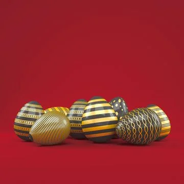 3d render of 8 black and gold easter eggs on red background. Ilustración de archivo