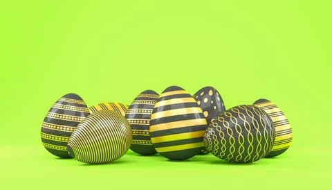 3d render of 8 black and gold easter eggs on green background. Stock Illustration