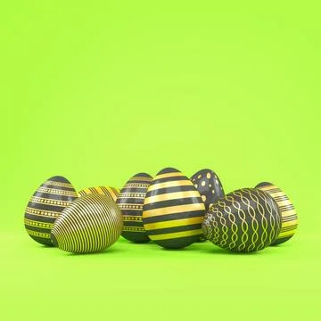 3d render of 8 black and gold easter eggs on green background. Stock Illustration