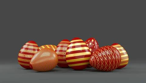 3d render of 8 red and gold easter eggs on black background. 스톡 일러스트