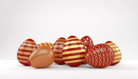 3d render of 8 red and gold easter eggs on white background. 스톡 일러스트