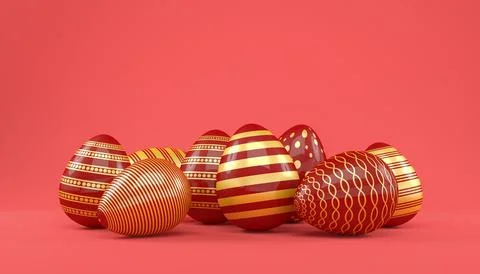 3d render of 8 red and gold easter eggs on red background. Illustrazione stock