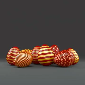 3d render of 8 red and gold easter eggs on black background. Illustrazione stock