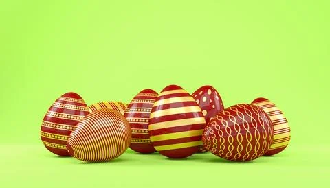 3d render of 8 red and gold easter eggs on green background. Illustrazione stock