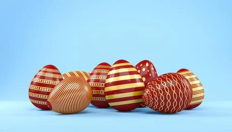 3d render of 8 red and gold easter eggs on blue background. Illustrazione stock