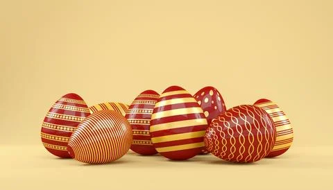 3d render of 8 red and gold easter eggs on yellow background. 스톡 일러스트