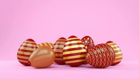3d render of 8 red and gold easter eggs on pink background. Illustrazione stock