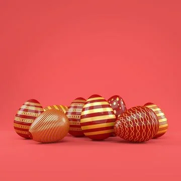 3d render of 8 red and gold easter eggs on red background. Stock Illustration